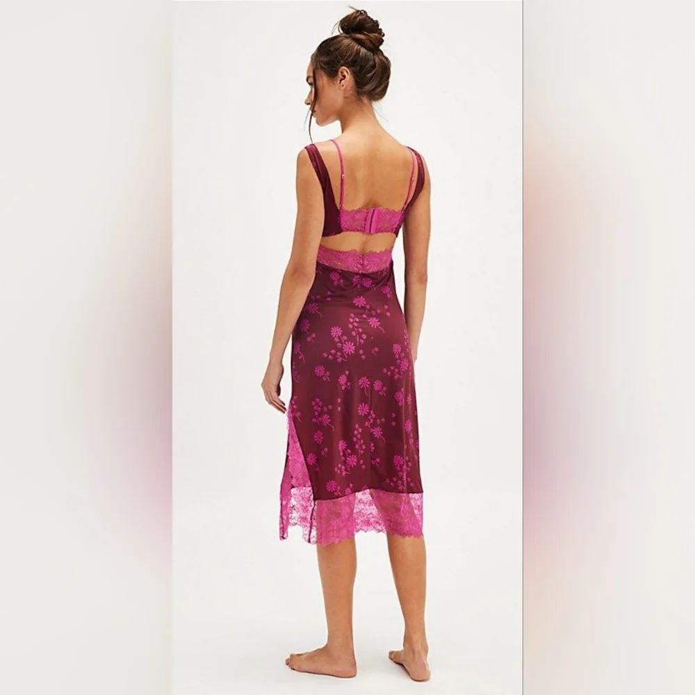 Free People Party Crasher Floral Lace Midi Slip In Plum - Picture 2 of 4